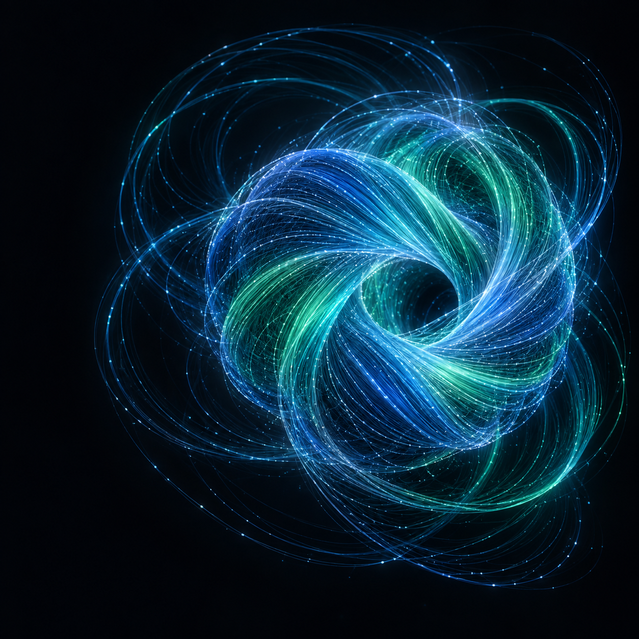 Interconnected blue and green light filaments suggesting shared intelligence and a universal brain for robotics.